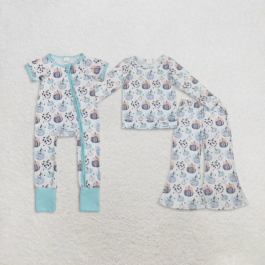 Sibling Baby Girls Bows Pumpkins Top Flare Pants Fall Clothes Set Zip Rompers