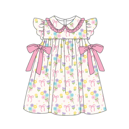Preorder(moq 5) Baby Girls Colorful Flower Bows Ruffle Collar Knee Length Dresses