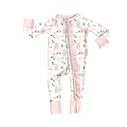 Preorder (moq 5)Baby Girls Flowers Bows Shoes Ruffle Zipper Footie Rompers