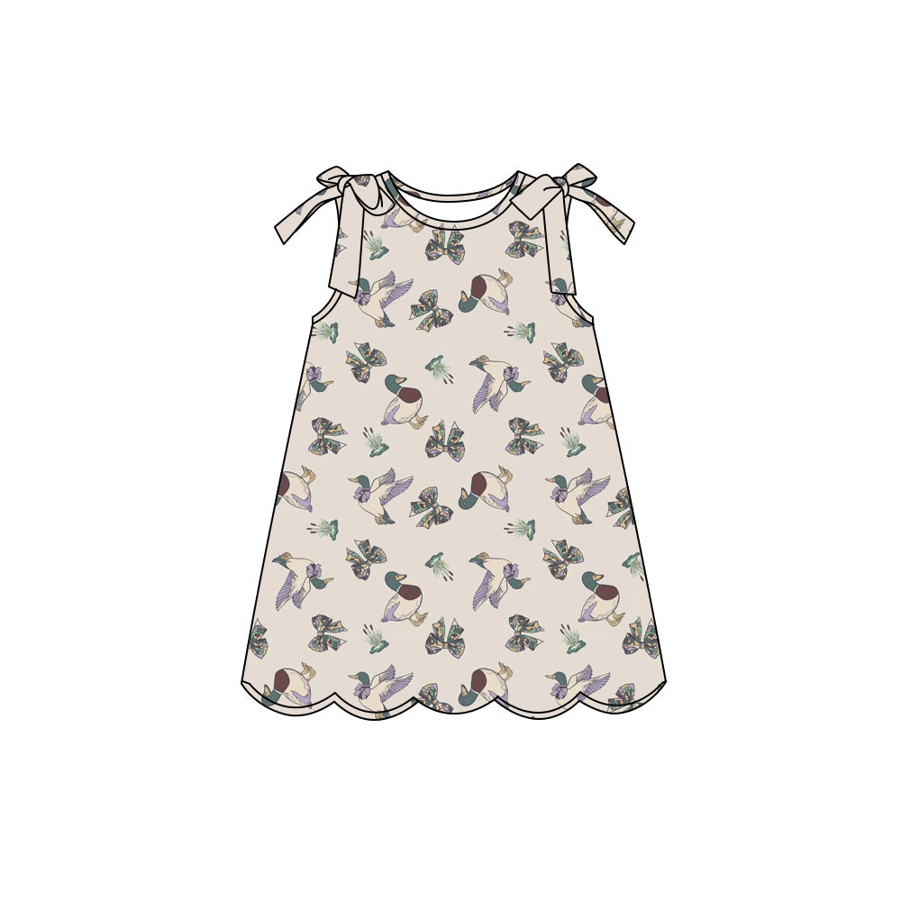 Preorder (moq 5)Baby Girls Sleeveless Camo Bows Duck Hunting Scallop Knee Length Dresses