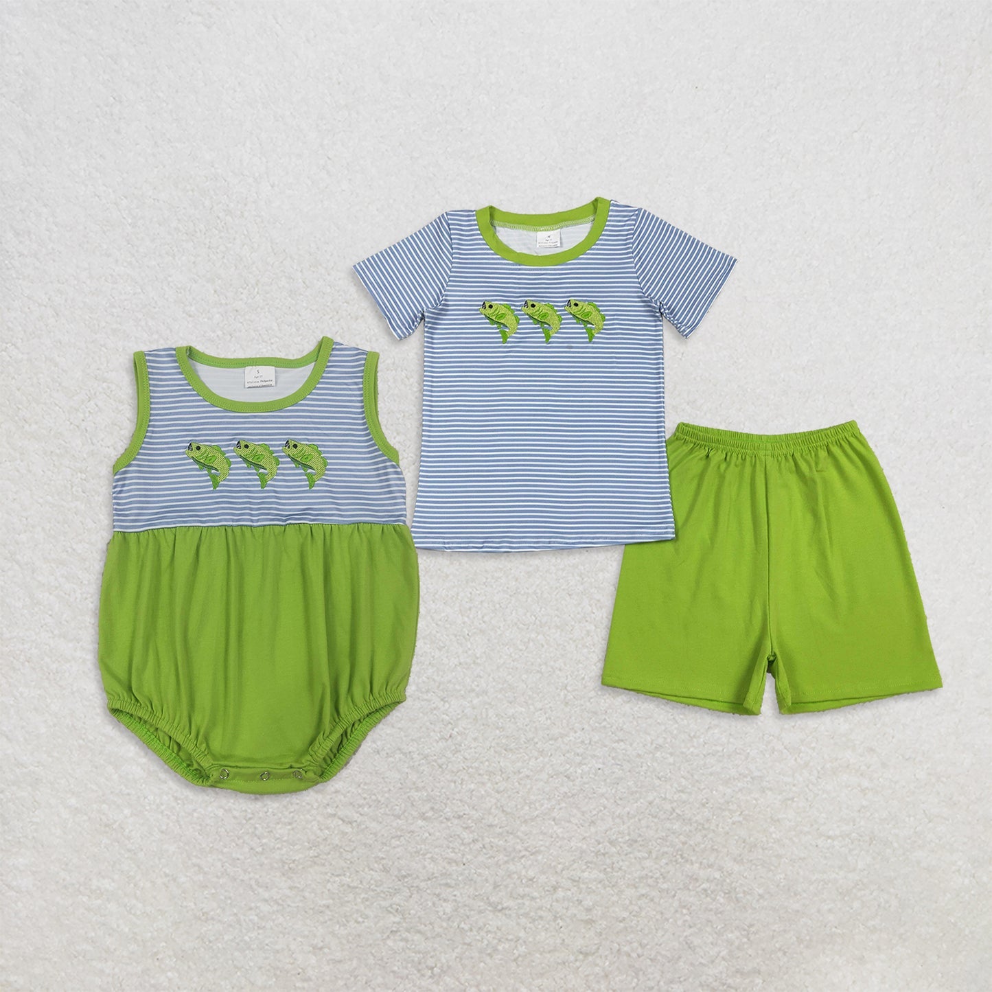 Sibling Baby Boys Embroidery Fishes Stripe Top Short Hunting Set Rompers