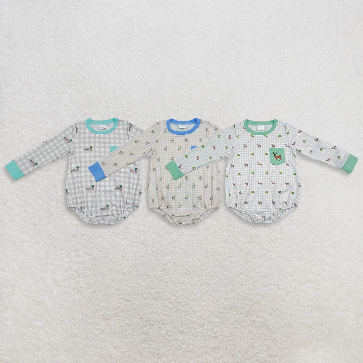 Sibling Baby Boys Embroidery Ducks Deer Pockets Hunting Checked Rompers