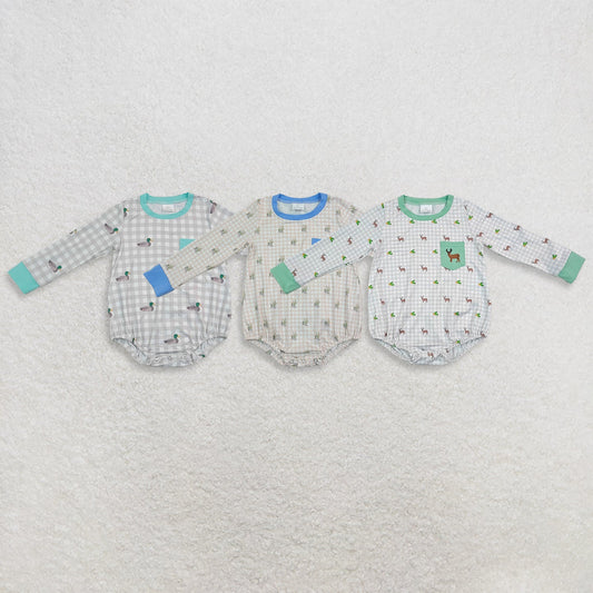 Sibling Baby Boys Embroidery Ducks Deer Pockets Hunting Checked Rompers