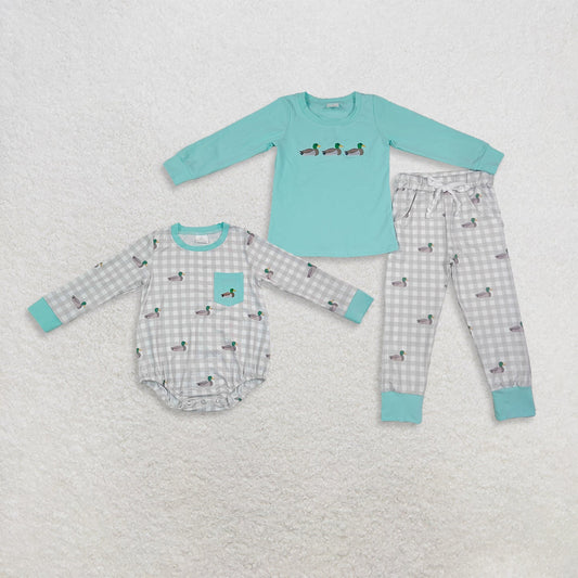 Sibling Baby Boys Embroidery Ducks Top Checked Pockets Jogger Hunting Set Rompers