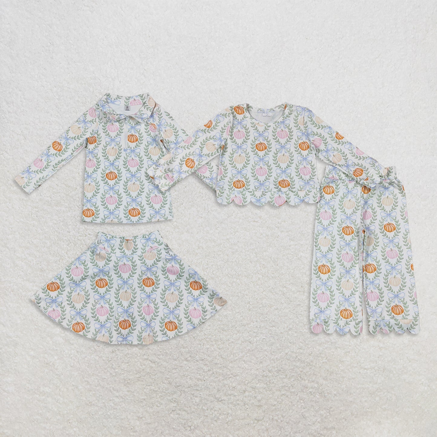 Sibling Baby Girls Flowers Pumpkins Zip Pullovers Skirt Short Yoga Active Set Scallop Pant Sets