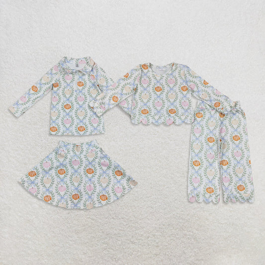 Sibling Baby Girls Flowers Pumpkins Zip Pullovers Skirt Short Yoga Active Set Scallop Pant Sets