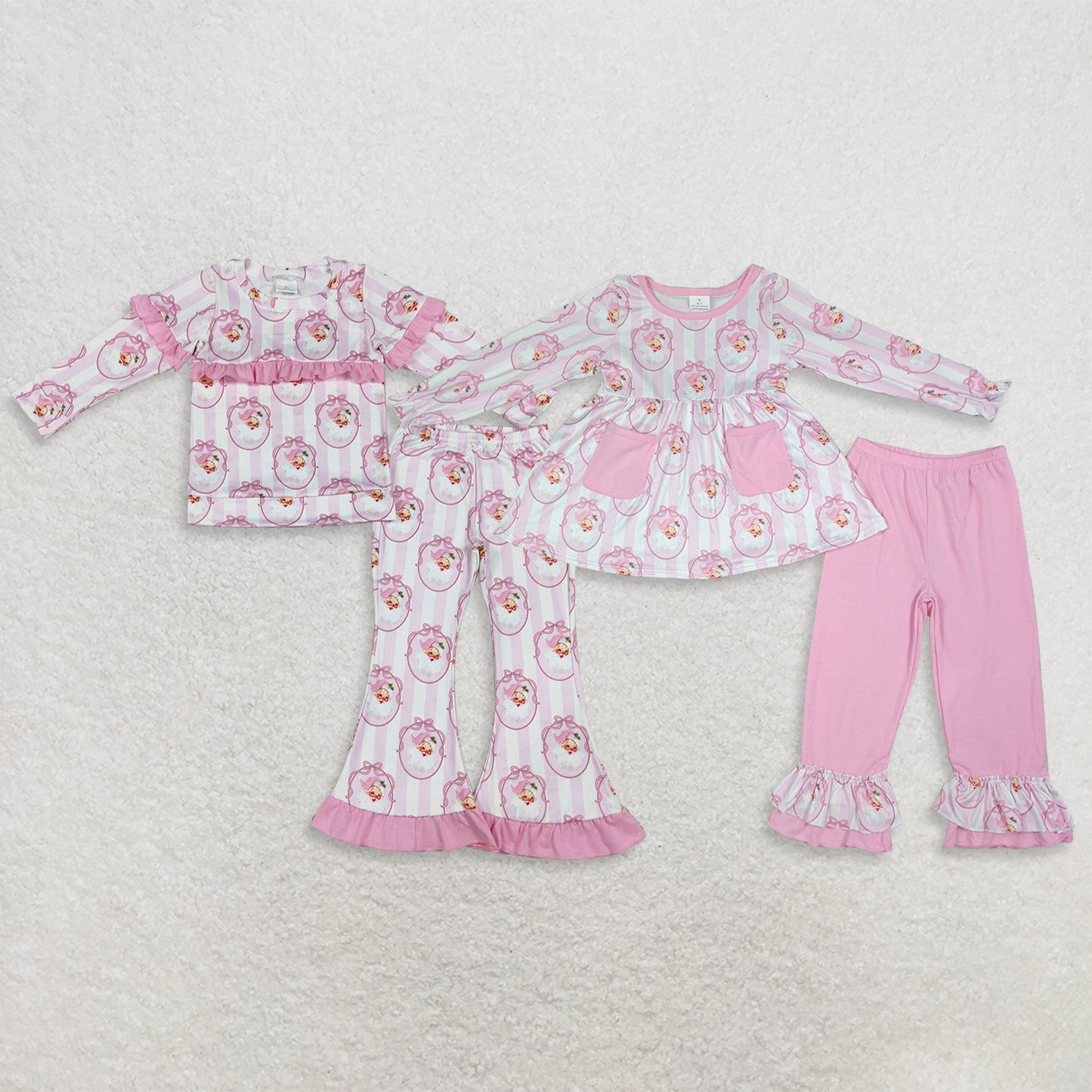 Sibling Baby Girls Pink Stripe Bows Santa Tunic Ruffle Pants Christmas Clothes Sets