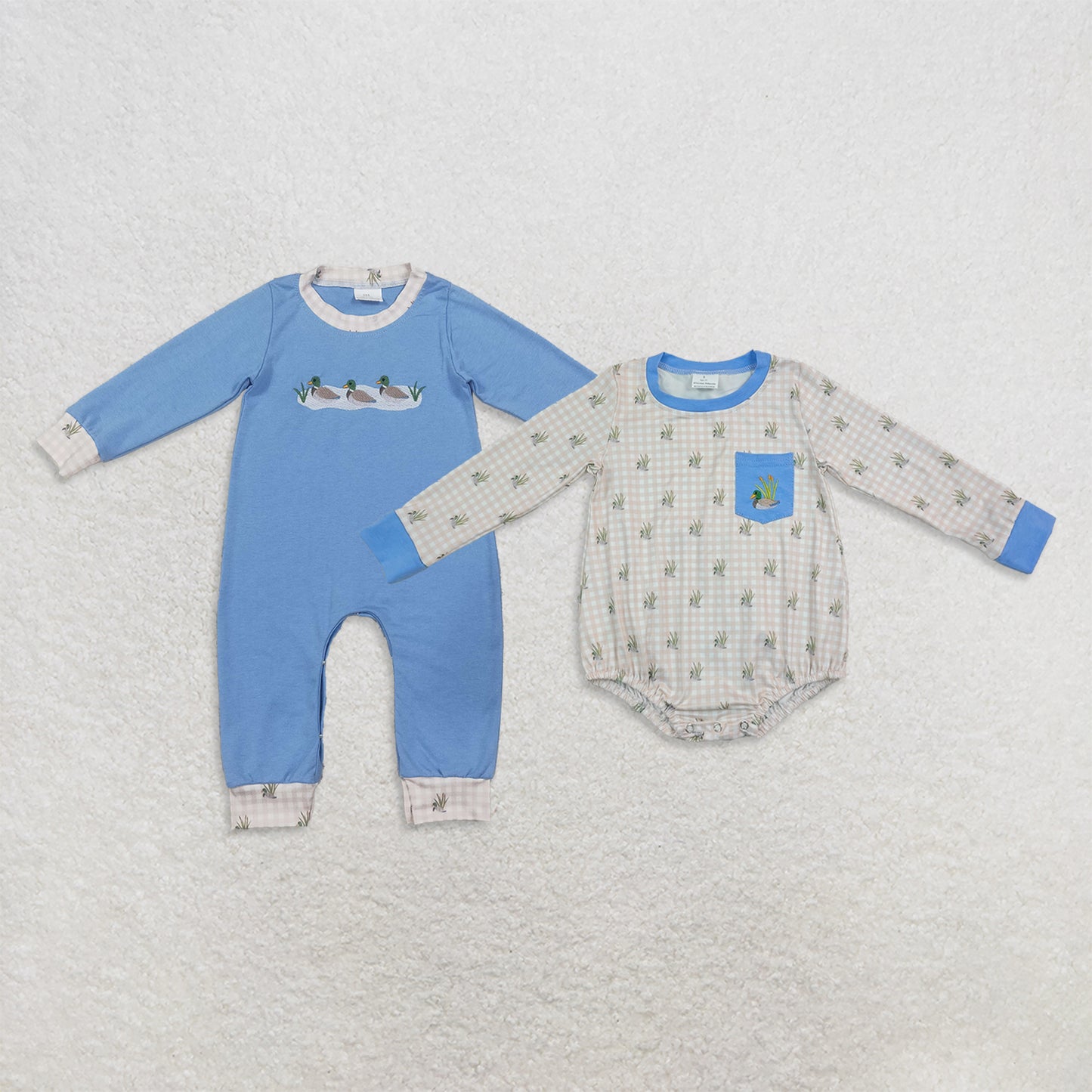 Sibling Baby Boys Embroidery Ducks Blue Checked Hunting Rompers