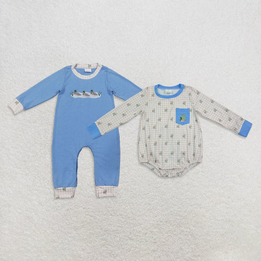 Sibling Baby Boys Embroidery Ducks Blue Checked Hunting Rompers