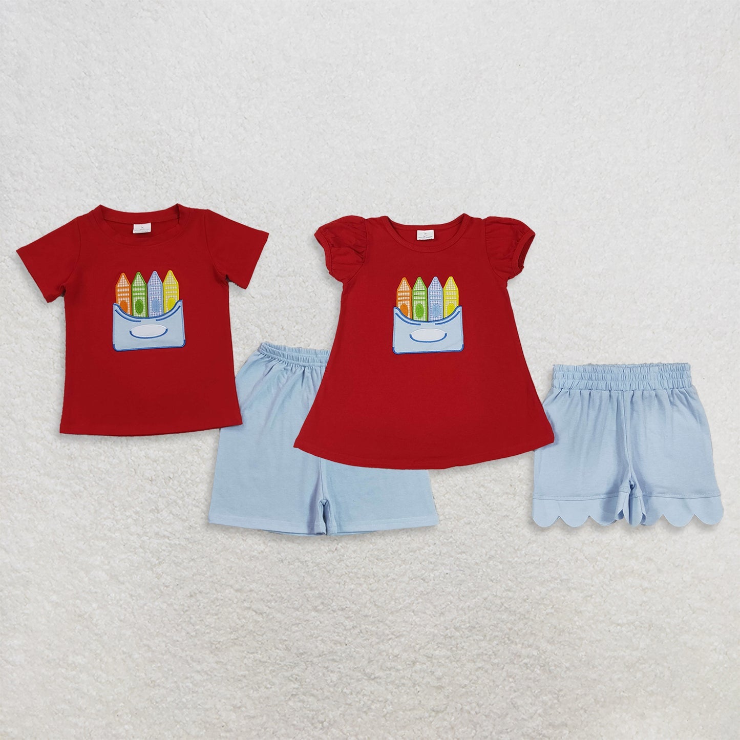 Sibling Baby Kids Embroidery Pencils Top Short Back to School Clothes Sets