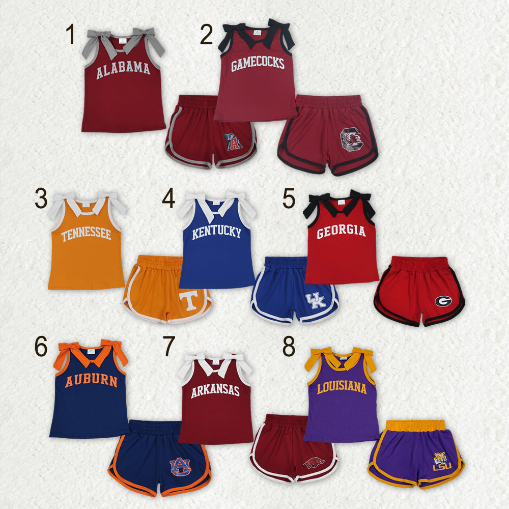 Sibling Baby Girls Bows Sleeveless Shirts Top Short Vinyl Team Clothes Sets
