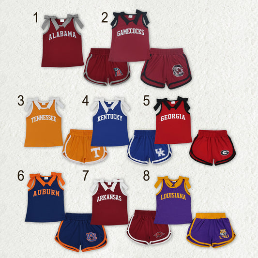 Sibling Baby Girls Bows Sleeveless Shirts Top Short Vinyl Team Clothes Sets