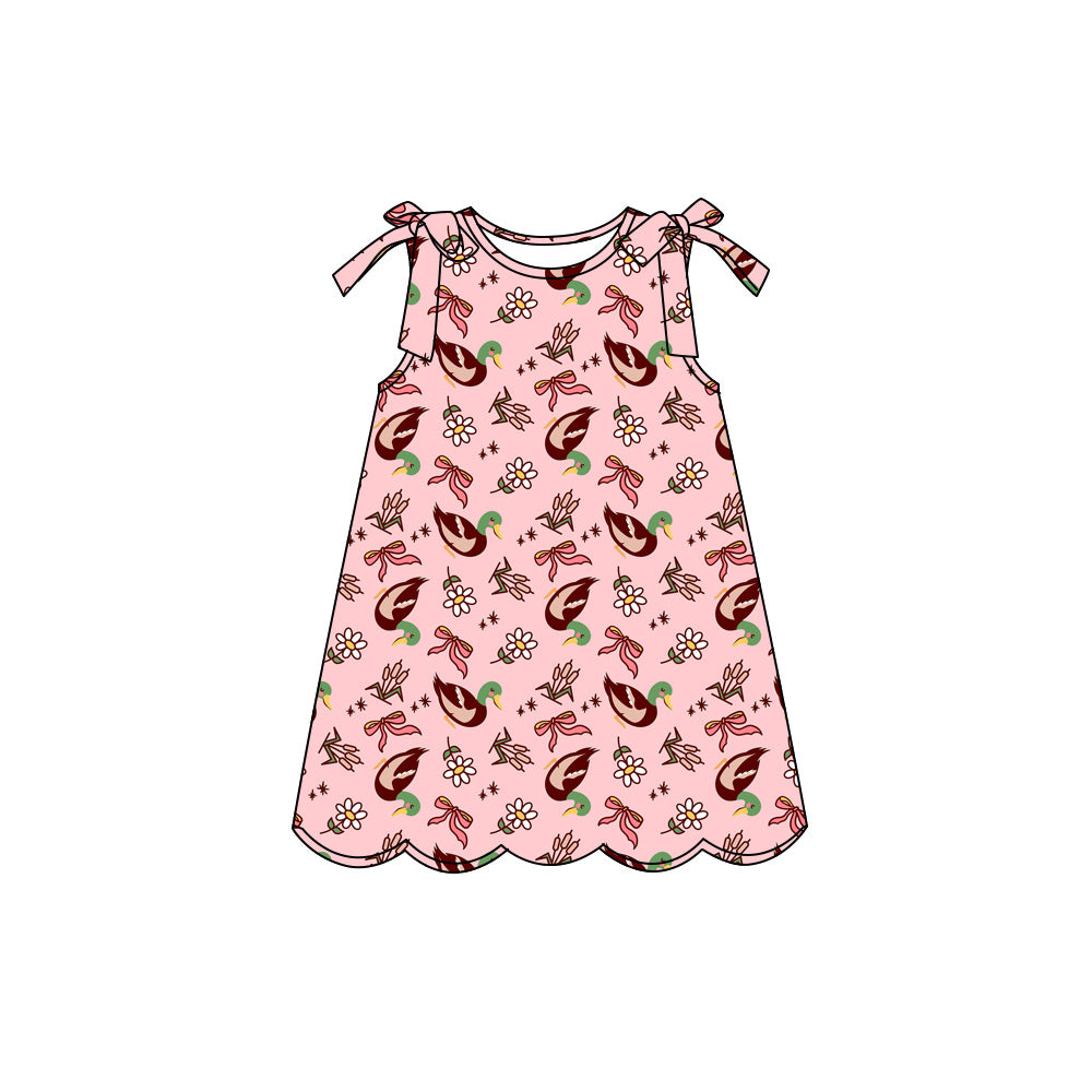 Preorder (moq 5)Baby Girls Sleeveless Flower Bow Ducks Hunting Scallop Knee Length Dresses