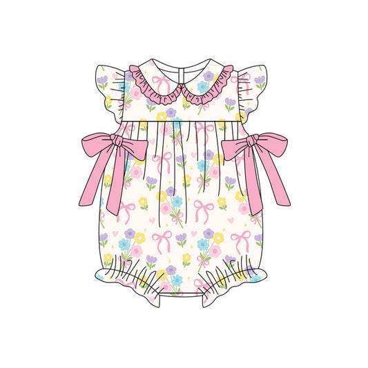 Preorder (moq 5)Baby Girls Colorful Flower Bows Ruffle Collar Rompers