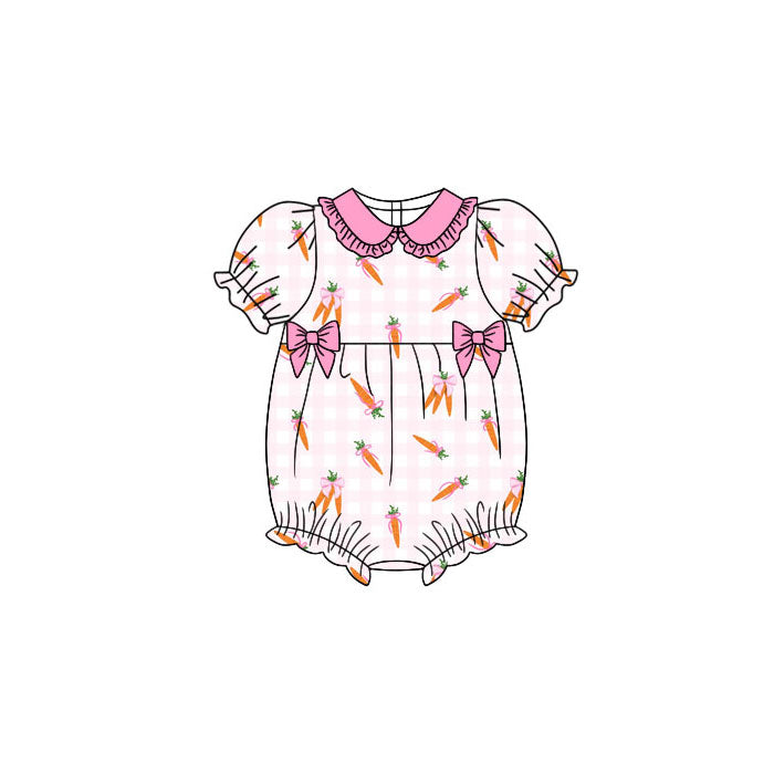 Preorder (moq 5)Baby Girls Pink Checked Carrots Bows Easter Ruffle Rompers