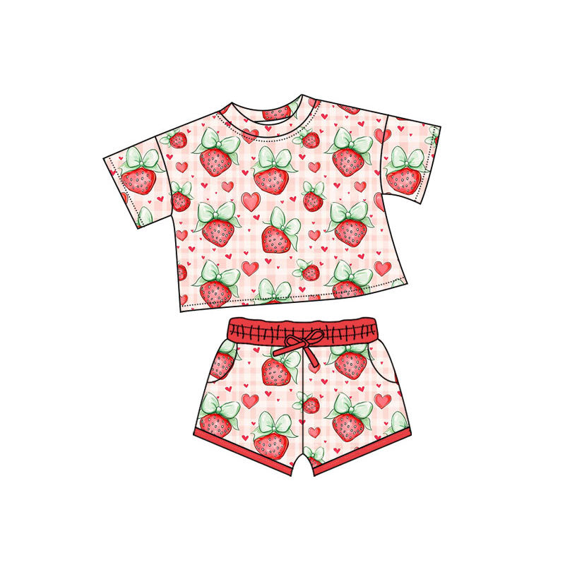 Preorder(moq 5) Baby Girls Hearts Strawberry Top Pockets Shorts Valentine Clothes Sets
