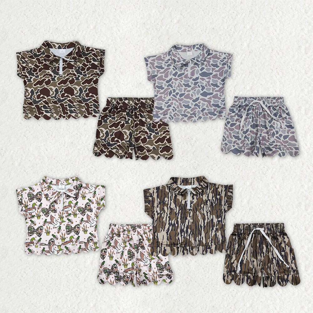 Sibling Baby Girls Southern Camo Ducks Zip Pullovers Pockets Shorts Scallop Clothes Sets