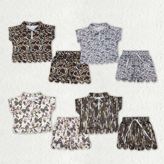 Sibling Baby Girls Southern Camo Ducks Zip Pullovers Pockets Shorts Scallop Clothes Sets