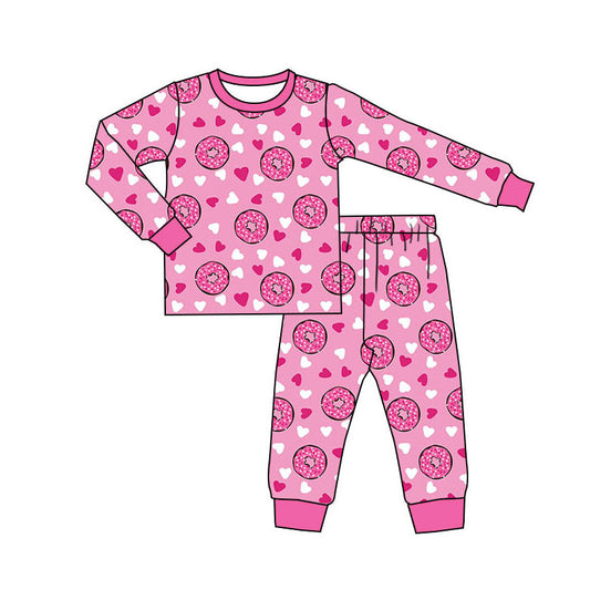 Preorder (moq 5)Baby Girls Pink Donuts Hearts Top Pants Valentines Pajamas Sets