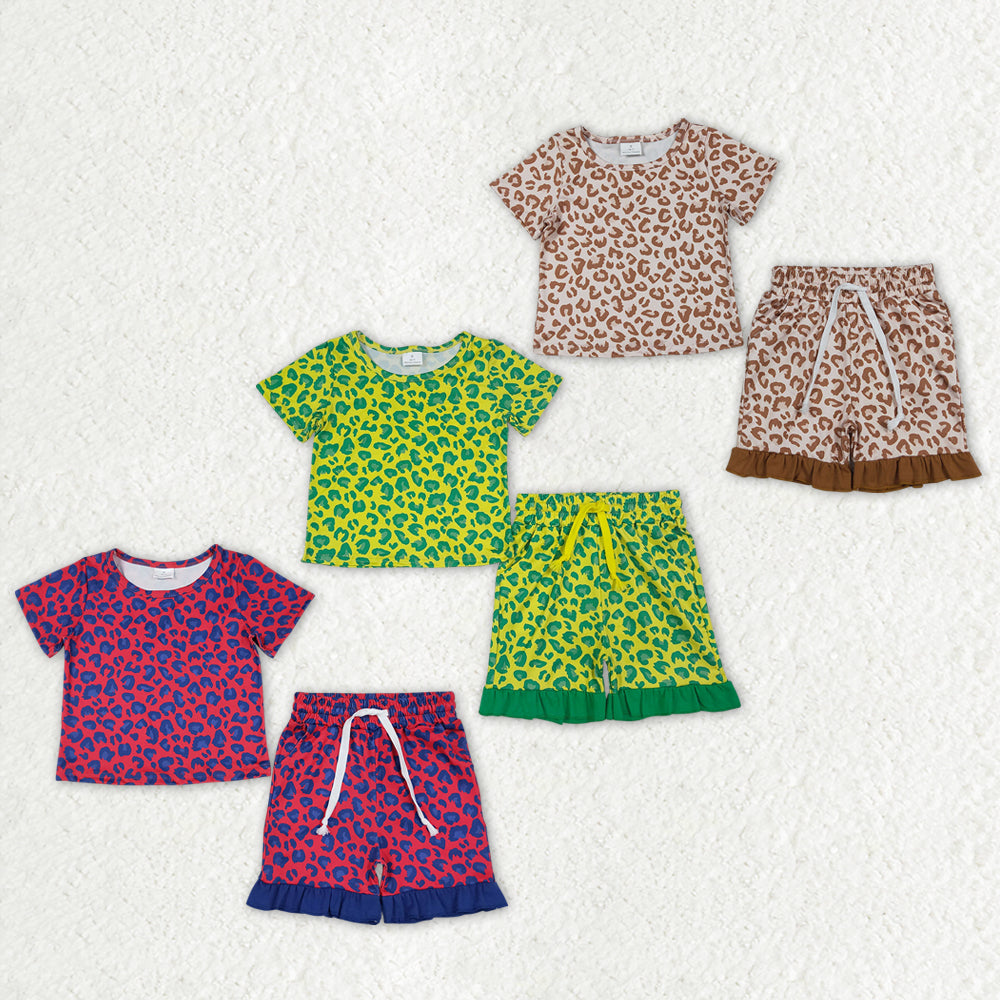 Sibling Baby Girls Short Sleeve Colorful Leopard Top Pockets Ruffle Short Clothes Sets