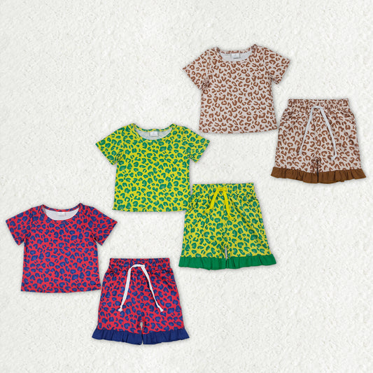 Sibling Baby Girls Short Sleeve Colorful Leopard Top Pockets Ruffle Short Clothes Sets