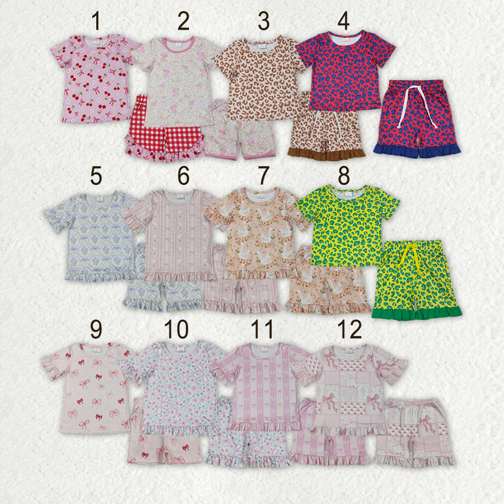 Sibling Baby Girls Colorful Flowers Bows Top Short Pajamas Clothes Sets