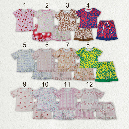 Sibling Baby Girls Colorful Flowers Bows Top Short Pajamas Clothes Sets