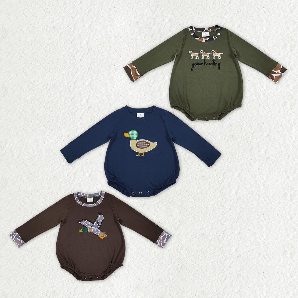Sibling Baby Boys Long Sleeve Embroidery Ducks Dogs Hunting Rompers