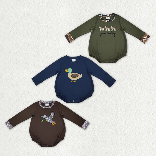 Sibling Baby Boys Long Sleeve Embroidery Ducks Dogs Hunting Rompers