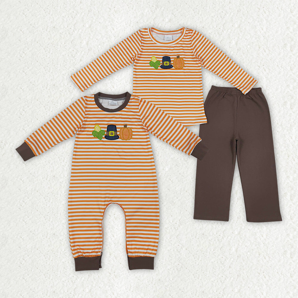 Sibling Baby Boys Embroidery Corns Pumpkins Stripe Top Pants Fall Clothes Set Rompers