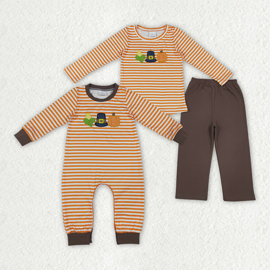 Sibling Baby Boys Embroidery Corns Pumpkins Stripe Top Pants Fall Clothes Set Rompers