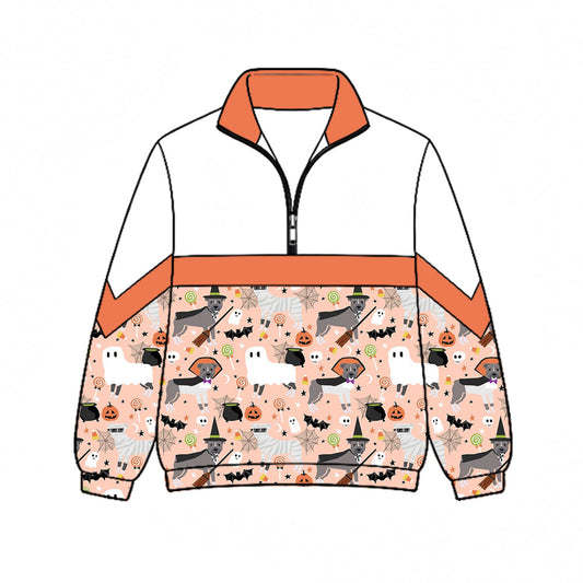 Preorder (moq 5)Baby Girls Pumpkins Bats Halloween Zip Pullovers Top