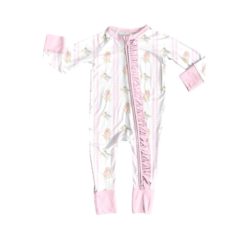 Preorder (moq 5)Baby Girls Hearts Ducks Dogs Valentine Ruffle Zipper Footie Rompers