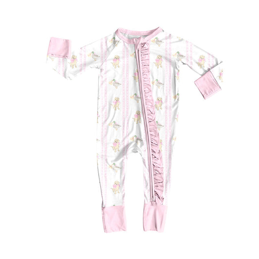 Preorder (moq 5)Baby Girls Hearts Ducks Dogs Valentine Ruffle Zipper Footie Rompers