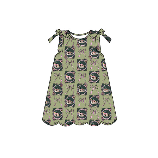 Preorder (moq 5)Baby Girls Sleeveless Bow Ducks Checked Hunting Scallop Knee Length Dresses