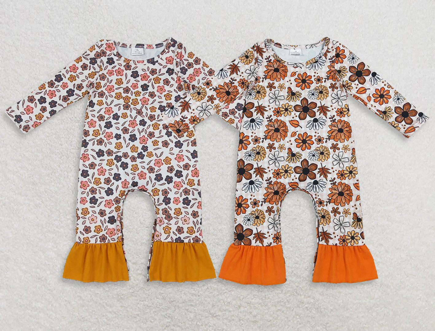 Sibling Baby Girls Colorful Flowers Leaves Fall Ruffle Pant Rompers