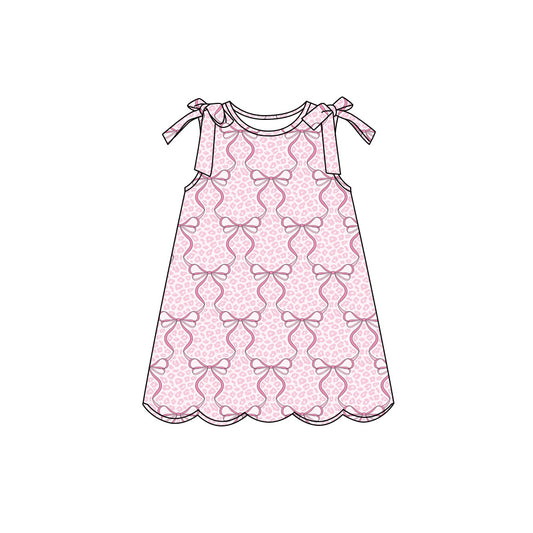 Preorder (moq 5)Baby Girls Sleeveless Pink Bows Leopard Scallop Knee Length Dresses