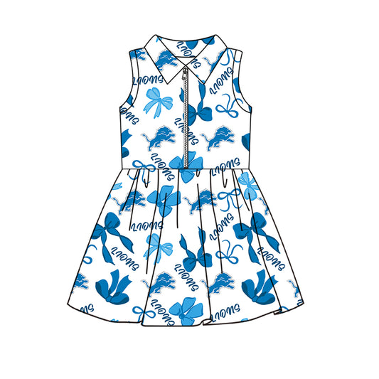 Preorder (moq 5)Baby Girls Sleeveless Bows Lions Team Zip Short Knee Length Dress