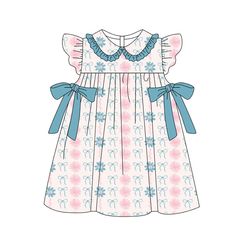 Preorder(moq 5) Baby Girls Daisy Flower Bows Stripe Ruffle Collar Knee Length Dresses