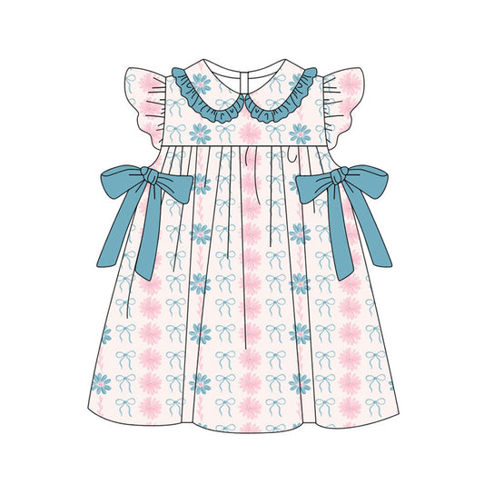 Preorder(moq 5) Baby Girls Daisy Flower Bows Stripe Ruffle Collar Knee Length Dresses
