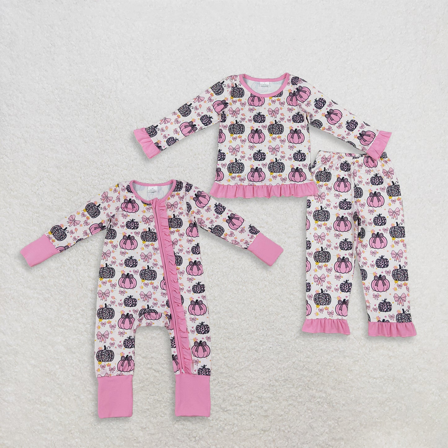 Sibling Baby Girls Bows Pumpkins Fall Pant Pajamas Set Ruffle Zip Rompers