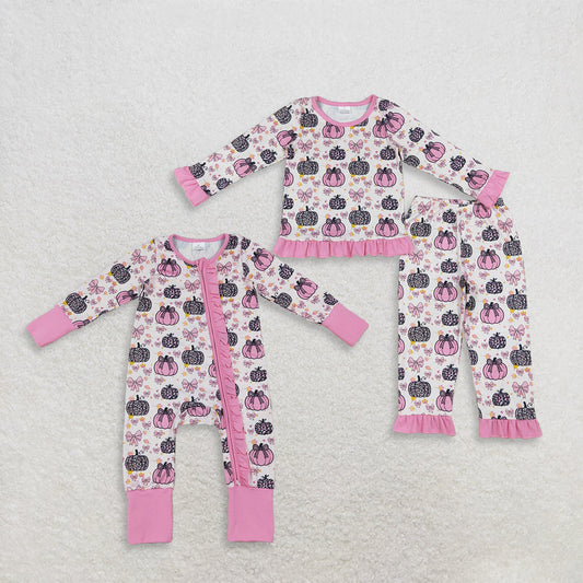 Sibling Baby Girls Bows Pumpkins Fall Pant Pajamas Set Ruffle Zip Rompers