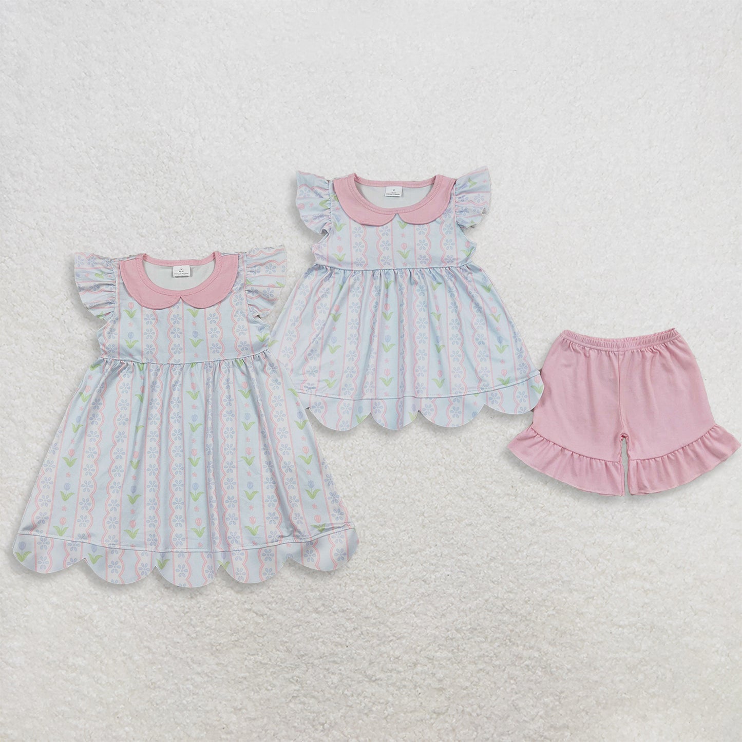 Sibling Baby Girls Flowers Stripe Tunic Ruffle Short Scallop Clothes Set Collar Dress