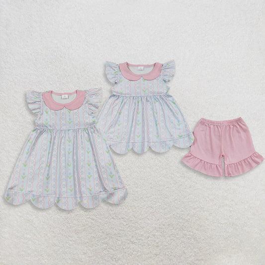 Sibling Baby Girls Flowers Stripe Tunic Ruffle Short Scallop Clothes Set Collar Dress