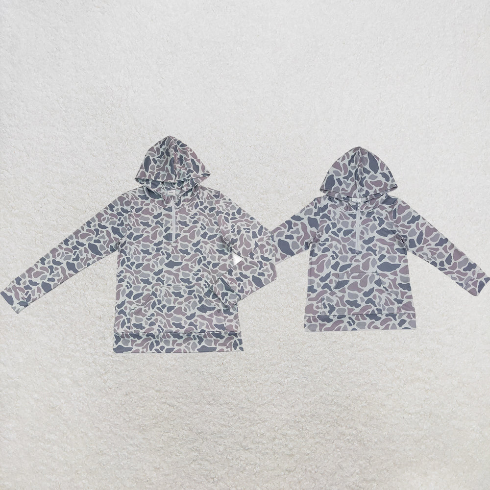 Mama and Me Boys Long Sleeve Light Grey Camo Zip Pocket Hoodies Top