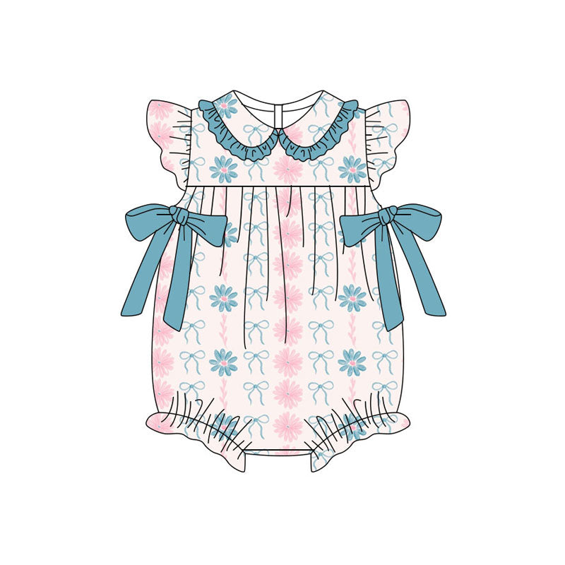 Preorder (moq 5)Baby Girls Daisy Flower Stripe Bows Ruffle Collar Rompers