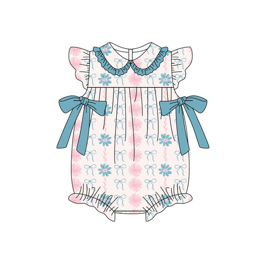 Preorder (moq 5)Baby Girls Daisy Flower Stripe Bows Ruffle Collar Rompers