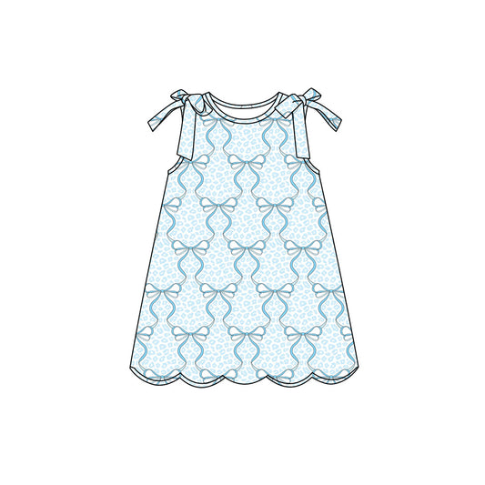Preorder (moq 5)Baby Girls Sleeveless Aqua Bows Leopard Scallop Knee Length Dresses