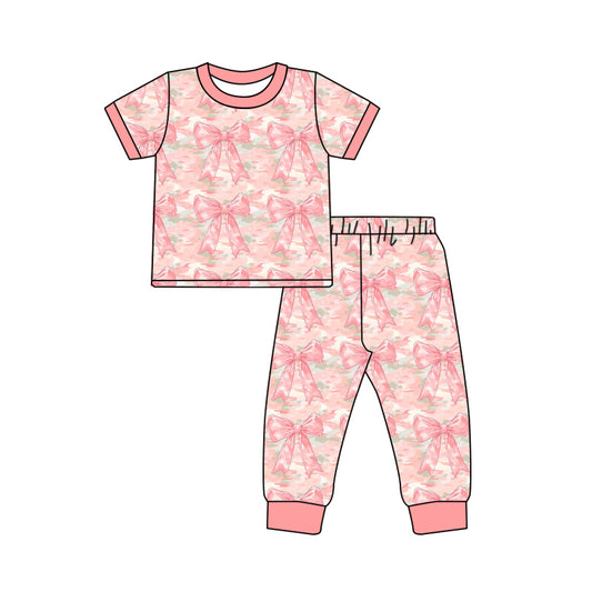 Preorder (moq 5)Baby Boys Pink Short Sleeves Camo Bows Top Pant Pajamas Sets