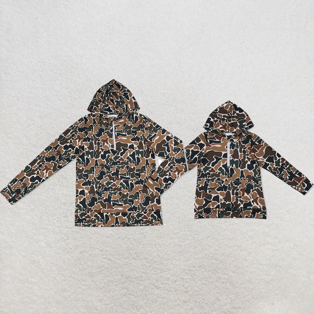 Mama and Me Boys Long Sleeve Dark Brown Camo Zip Pocket Hoodies Top